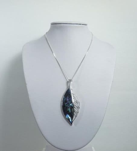 925 Sterling Silver Leaf Stone Set Abalone Shell Pendant & Chain